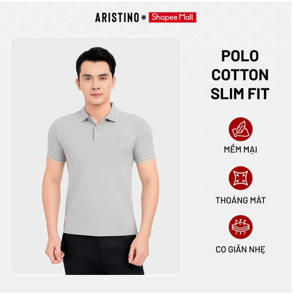 ARISTINO Áo Polo Nam Ngắn Tay Xám Nhạt APS115S3EC Cotton Slim Fit Co Giãn Thoải Mái Mềm Mịn