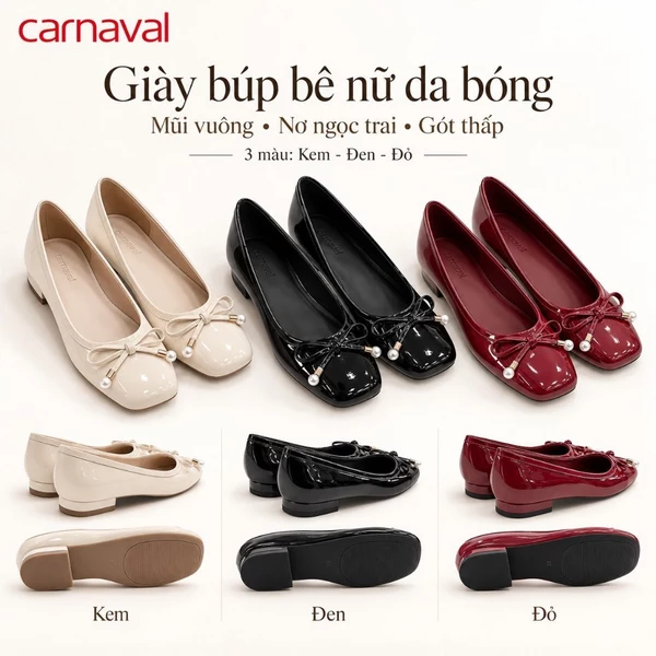 Giày Búp Bê Nữ Carnaval Da Bóng Mũi Vuông Đính Nơ Ngọc Trai, Gót Thấp Êm Chân Sang Trọng - VS236