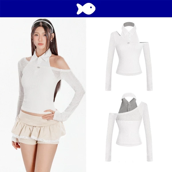 Áo cổ yếm kèm áo khoác lưới lệch vai DKMV thiết kế dáng cổ polo phối nút cài màu trắng đáng yêu Hana Top | K-T42