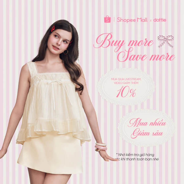 DOTTIE - Áo babydoll nhún ngực phối đăng ten - Vàng - T1208
