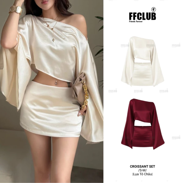 FFCLUB - Set Áo lụa form Crop trễ vai CROISSANT đi kèm chân váy Lụa 2 lớp Set dự tiệc