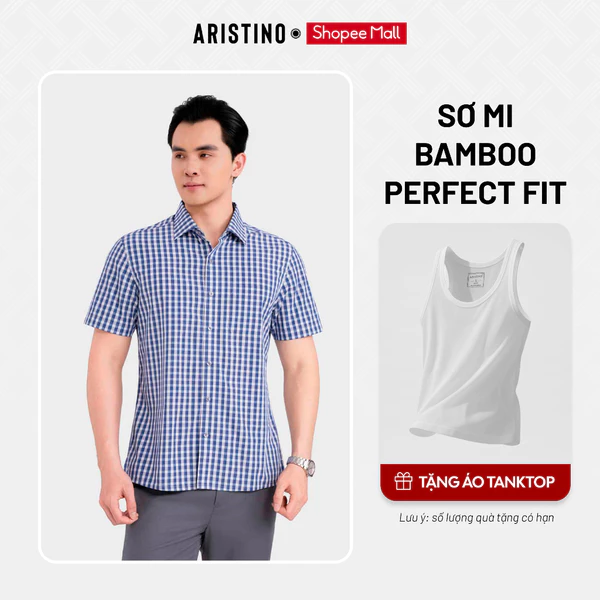 ARISTINO Áo Sơ Mi Nam Ngắn Tay Xám Kẻ Xanh Perfect Fit ASS609EDP01 Bamboo Mềm Mại Thoáng Mát Thấm Hút Co Giãn