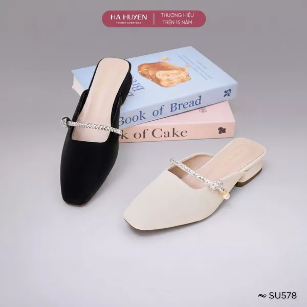 Giày sục nữ HÀ HUYỀN da lì mũi vuông quai đá gót vuông 2cm - SU578