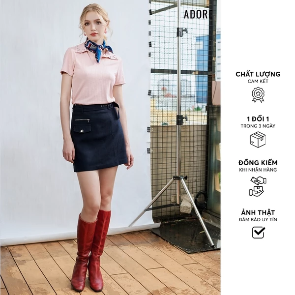 Áo thun polo hồng/ đen đính đá cổ - 611TS1001 ADORE