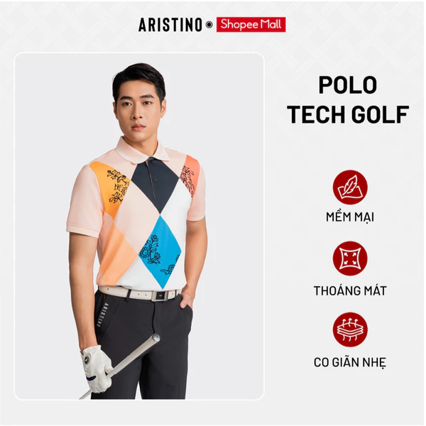 Áo polo nam ARISTINO phom Tech Golf suông nhẹ, chất liệu co giãn thoáng mát, chống UV, bền màu, sắc nét - APSG21AZ