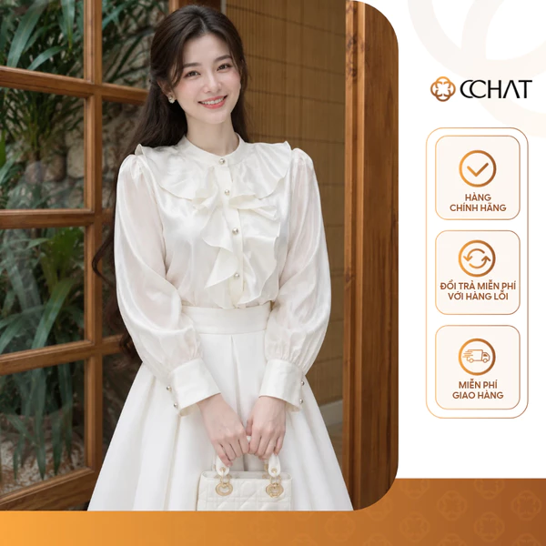 Áo Sơ Mi Nữ 𝐂𝐂𝐇𝐀𝐓 Dáng Suông Kiểu Sala Cổ Nhún Bèo Chất Liệu Tơ Mềm Mại 26FDV6209ST