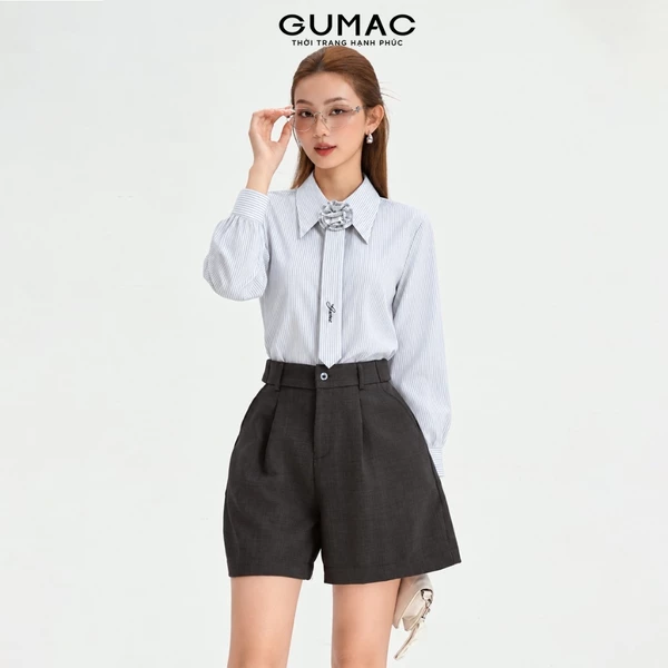 Áo Sơ Mi Nữ GUMAC Form Suông Đánh Eo Nhẹ Cổ Nhọn Kèm Cà Vạt Thêu Logo Cách Điệu Thanh Lịch AG10063