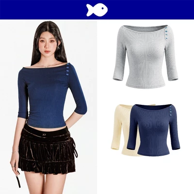 Áo cổ thuyền tay lửng nữ DKMV đính hàng nút hình cá đáng yêu chất thun gân ôm dáng co giãn Adhara Top | K-T71