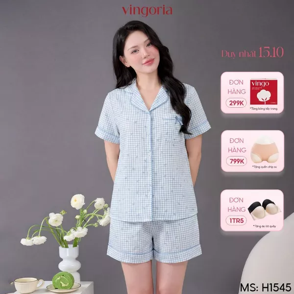 Bộ đồ ngủ nữ Pijama đũi mặc nhà VINGO/VINGORIA tay ngắn thu đông H1545, H1546, H1547, H1578