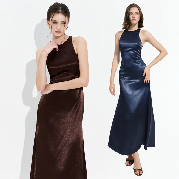 RECHIC Đầm lụa dài Artisen cổ tròn dáng ôm nhẹ sang trọng nữ tính