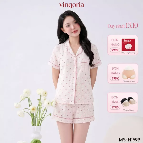 Bộ đồ ngủ nữ Pijama đũi mặc nhà VINGO/VINGORIA tay ngắn thu đông H1599, H1579