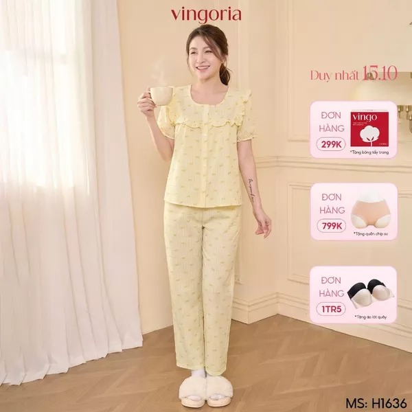 Bộ đồ ngủ nữ Pijama đũi mặc nhà VINGO/VINGORIA tay ngắn thu đông H1636