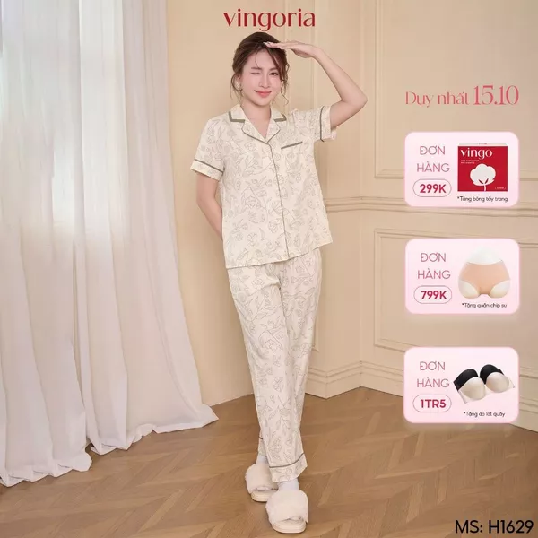 Bộ đồ ngủ nữ Pijama lụa VINGO/VINGORIA tay cộc thu đông H1629