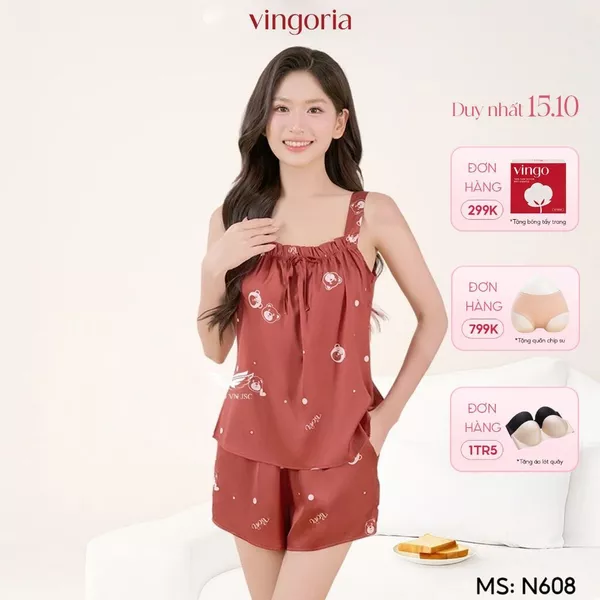 Bộ ngủ 2 dây đồ mặc nhà lụa VINGO/VINGORIA mặc thu đông N607