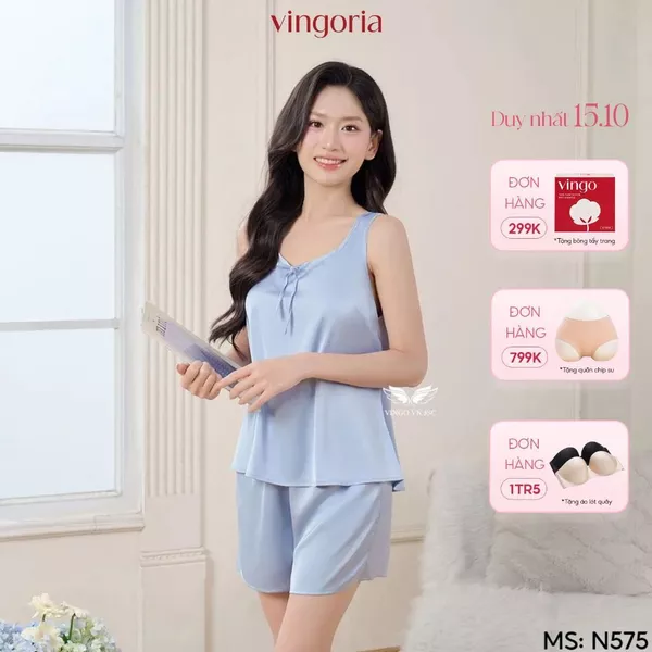 Bộ ngủ 2 dây đồ mặc nhà lụa VINGO/VINGORIA mặc thu đông N575