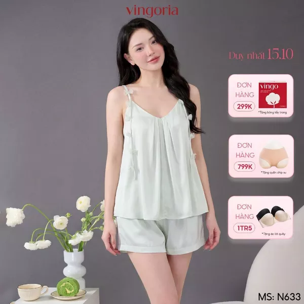 Bộ ngủ 2 dây mặc nhà lụa VINGO/VINGORIA mặc thu đông Sana N633
