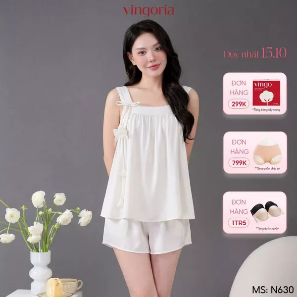 Bộ ngủ 2 dây mặc nhà lụa VINGO/VINGORIA mặc thu đông Lina N630
