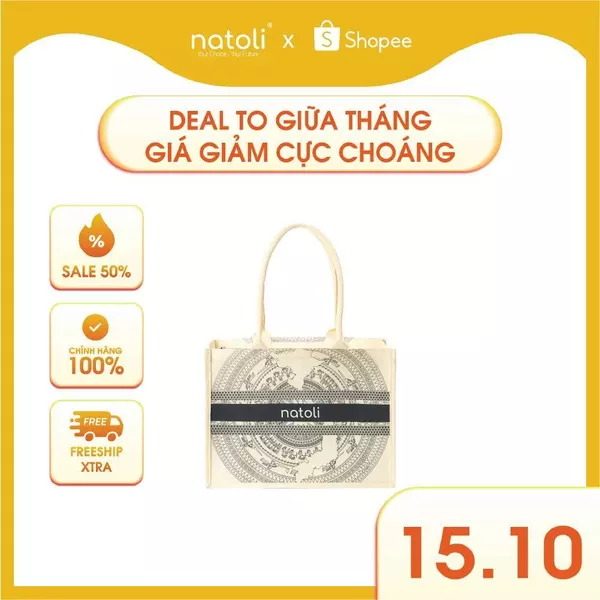 Túi cói vintage, túi đi biển NATOLI đi du lịch, đi chơi có khóa kéo đựng đồ tiện lợi BST Artisan Eco Jute Tote T36