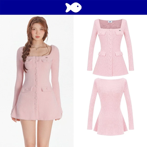 Đầm cổ vuông tay dài len lông thỏ DKMV form xoè nhẹ phối hàng nút bọc vải đính logo cá màu hồng Claire Dress | K-D50-H