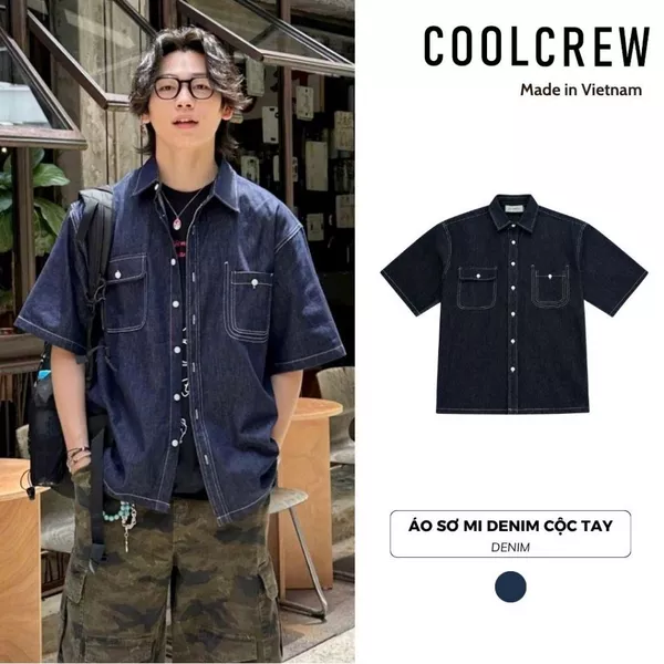 Áo Sơ Mi Denim Cộc Tay 𝐂𝐎𝐎𝐋𝐂𝐑𝐄𝐖 Áo Sơ Mi Form Rộng Kiểu Dáng Basic, Thời Trang Phong Cách Hàn Quốc AMN044