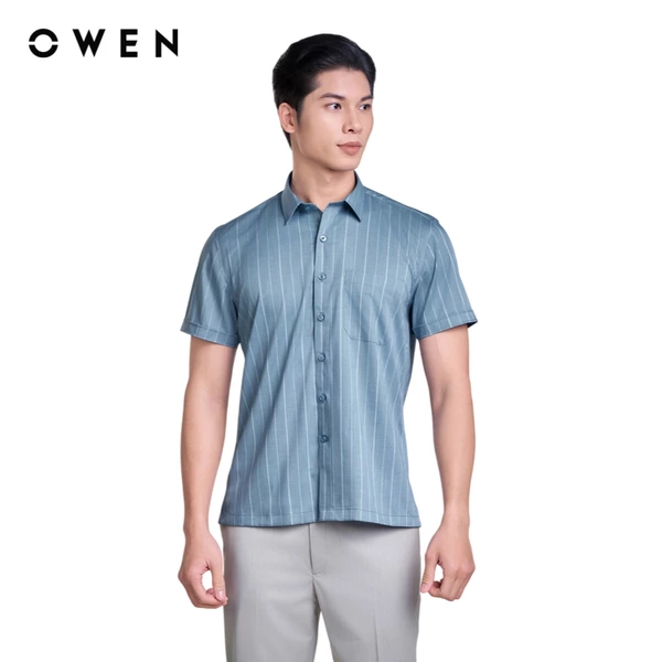 OWEN - Áo sơ mi ngắn tay Body Fit AB250089NT màu Xanh đậm chất liệu Polyester-Viscose-Spandex