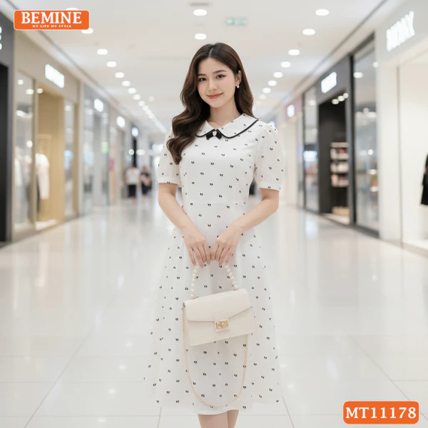Đầm thiết kế BEMINE cổ tim phối viền dáng chữ A phù hợp đi làm-MT11178