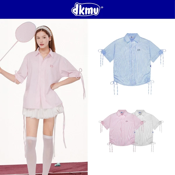 Áo sơ mi nữ kiểu tay ngắn kẻ sọc DKMV màu hồng, xanh, xám nhạt thắt nơ form rộng Oxford Shirt with Ribbon | K21-SM1