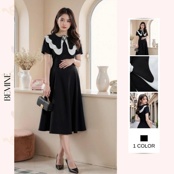 Đầm thiết kế BEMINE cổ tròn phối cổ bướm dáng chữ A phù hợp đi làm-MT11104