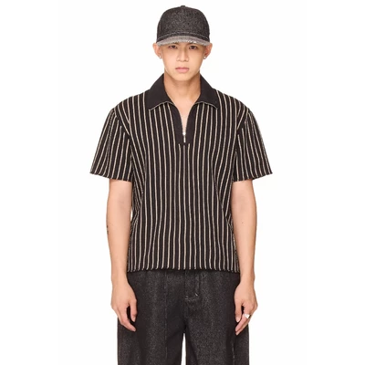 Áo polo sọc khoá kéo form boxy unisex - BEUTER® HALF ZIP STRIPED POLO - BLACK