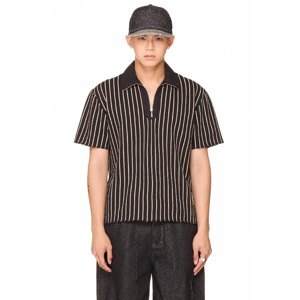 Áo polo sọc khoá kéo form boxy unisex - BEUTER® HALF ZIP STRIPED POLO - BLACK
