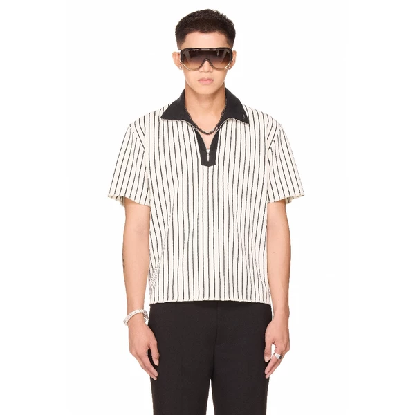 Áo polo sọc khoá kéo form boxy unisex - BEUTER® HALF ZIP STRIPED POLO - WHITE