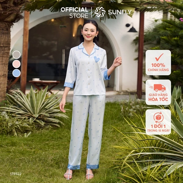 Bộ pijama nữ lụa latin áo tay lỡ quần dài dịu dàng SUNFLY ST9322