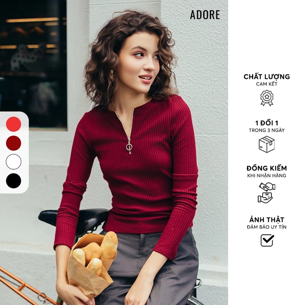 Áo Top len tay dài kéo khoá cổ 4 màu đỏ đô/ đen/ trắng/ đỏ cam - 512KN1005  ADORE