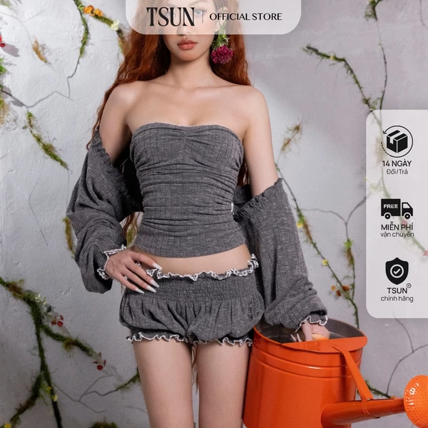 TSUN - Fiona Top Áo Ống Khoác Lửng Thun Len Gân Xám Body Gợi Cảm Cá Tính
