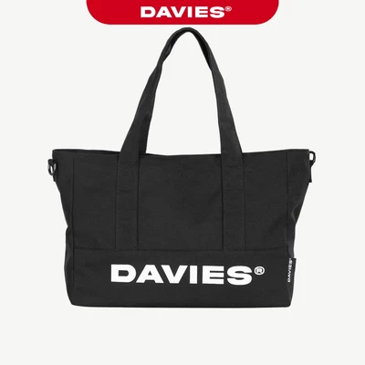 Túi đeo chéo vải mang 2 mặt in chữ DAVIES quai tháo rời màu đen canvas có lót dù nam nữ Medium Tote| D-B69-D