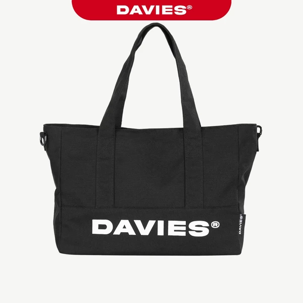 Túi đeo chéo vải mang 2 mặt in chữ DAVIES quai tháo rời màu đen canvas có lót dù nam nữ Medium Tote| D-B69-D