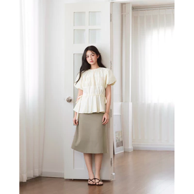 DOB - Áo kiểu linen tay phồng rút eo dáng peplum | Eunbi Top |