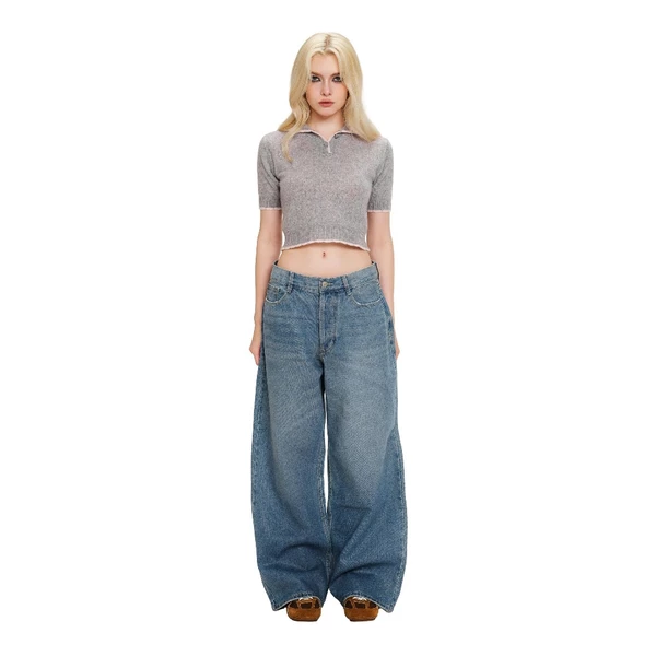 LSOUL Áo Croptop Polo Dệt Kim Tay Ngắn Basic Noun Top + Quần Ống Rộng Je Pants A25102854