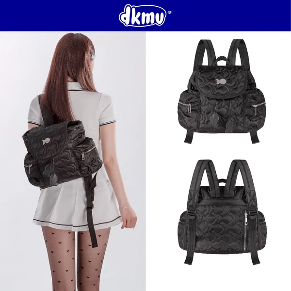 Balo mini nữ dễ thương chần bông DKMV dây rút với họa tiết hình Cá nổi màu đen nắp gập Puffy Puffy Backpack| K-P49-D