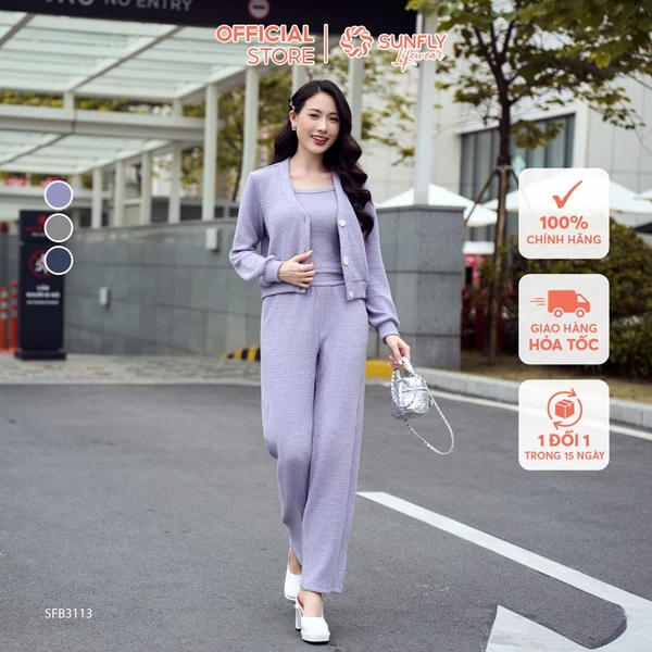 Set 3 len áo dây - áo khoác - quần suông dài dịu dàng, đa dụng SUNFLY SFB3113