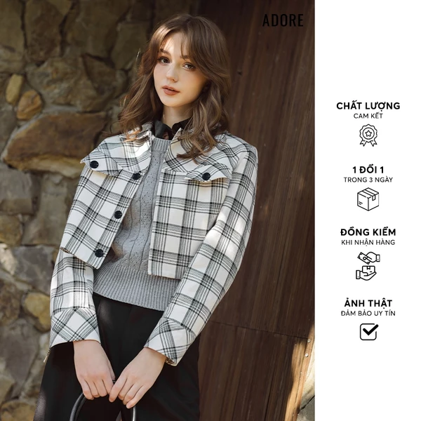 Jacket ngắn dạ karo trắng - 512JA2007 ADORE