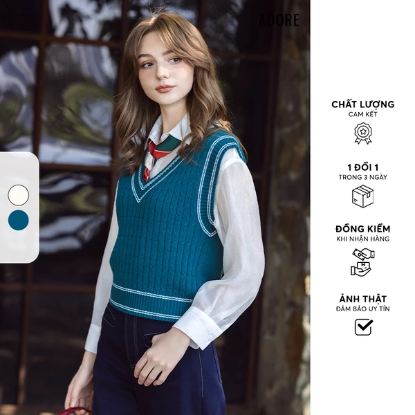 Áo gile len cổ tim rêu line trắng/ trắng line đen - 512KN2001 ADORE