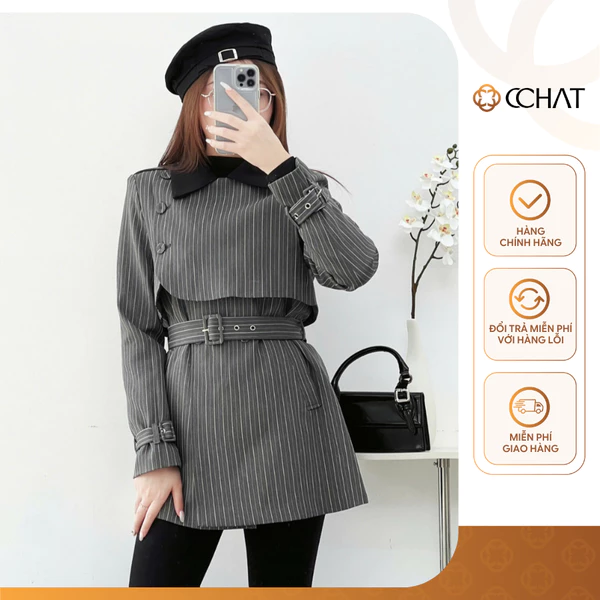 Áo Măng Tô 𝐂𝐂𝐇𝐀𝐓 Dáng Suông Kẻ Lovis Chất Liệu Tuytsi Cao Cấp Sang Trọng 24MDS8001ST