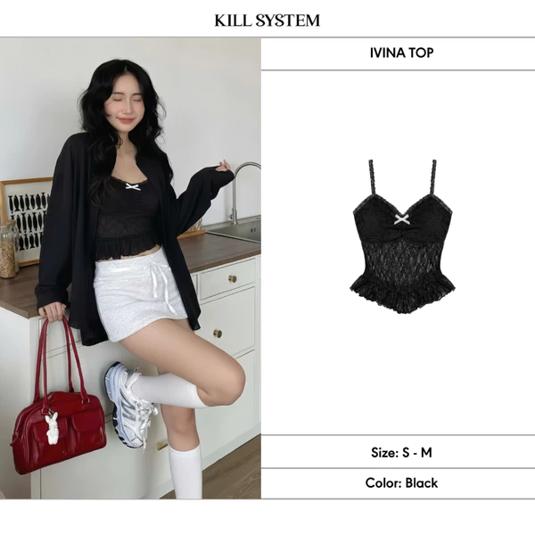 𝐊𝐈𝐋𝐋 𝐒𝐘𝐒𝐓𝐄𝐌 - Áo 2 dây IVINA ren xuyên thấu thắt nơ ôm body