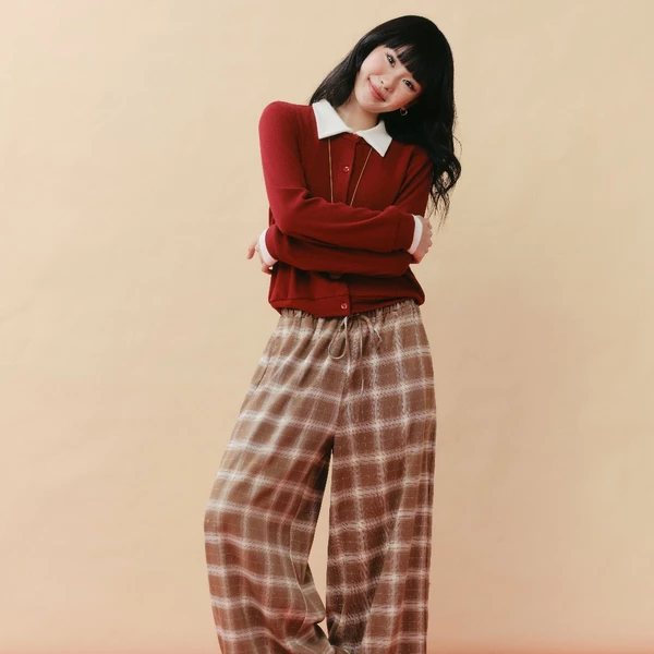 DOTTIE - Quần suông ống rộng dài kẻ ô - Nâu - Q0415