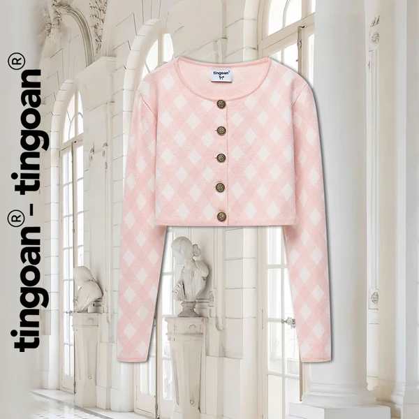 TINGOAN® -Set cardigan len xù crop kẻ trám hai dây hồng nhạt LOVE YOU BACK CDG/PK PHIÊN BẢN T6.2026