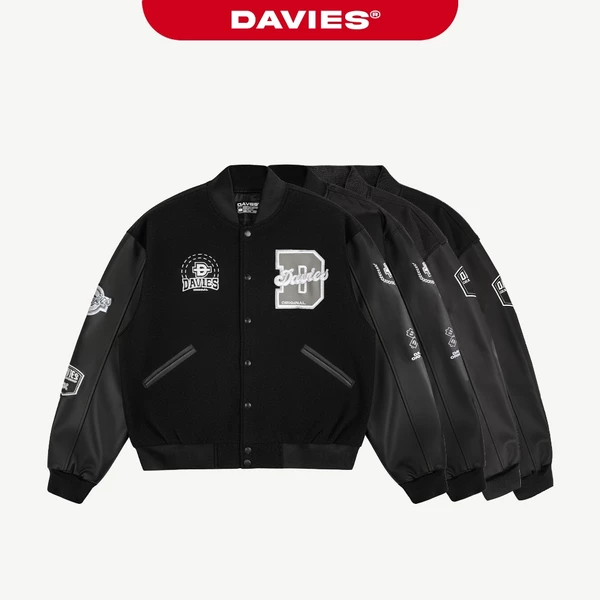 Áo khoác varsity jacket DAVIES nam nữ màu đen phối tay da form rộng hình thêu đẹp