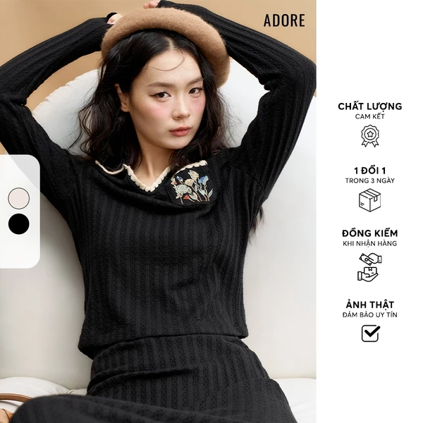 Áo len đen/kem cổ polo chạy diềm cổ - 512BL1015 ADORE