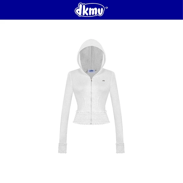 Áo khoác nữ có mũ form ôm croptop DKMV hoạ tiết nhún chun thun rib mềm mại logo cá màu xám Blair Set | K-SET21-AK-X