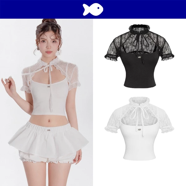 Áo kiểu nữ hai dây kèm áo khoác ren DKMV tay bồng phối bèo cổ cao thắt dây nơ đáng yêu Lace Layering Top | K-T39